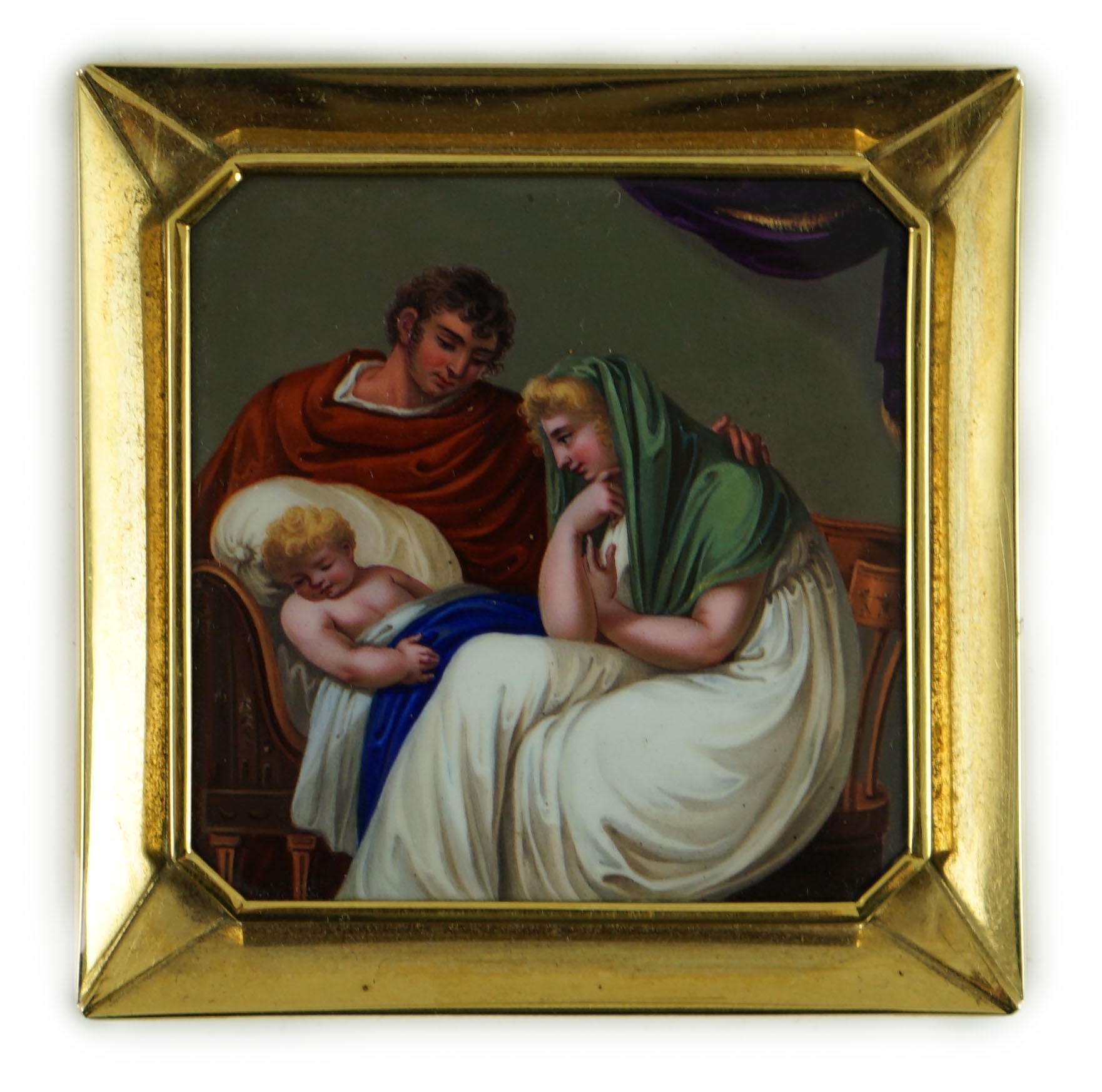 A 19th century Italian 18K gold and enamel plaque icon, Bulgari, c.1820, plaque width 6cm, height 6cm, case width 12cm, height 12.5cm